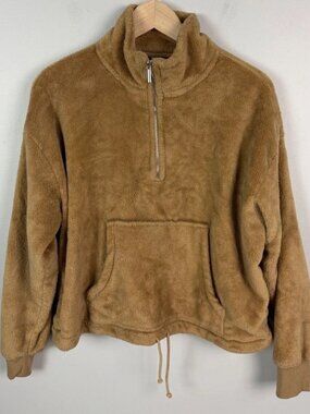 Old Navy Bunny Fur Cinch Quarter Zip Pullover Tan Fleece Jacket Size Medium Wm’s